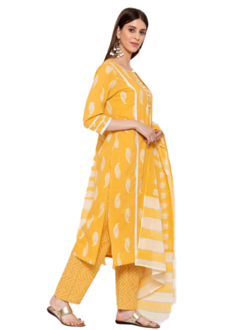 3 pcs Suit Regular Pure Cotton Kurta with Trousers and Dupatta