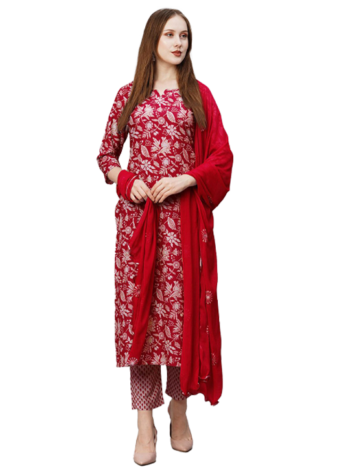 3 pcs Suit Regular Pure Cotton Kurta with Trousers and Dupatta