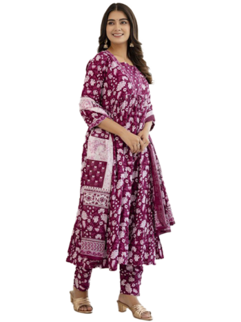 3 pcs Suit Regular Pure Cotton Kurta with Trousers & With Dupatta