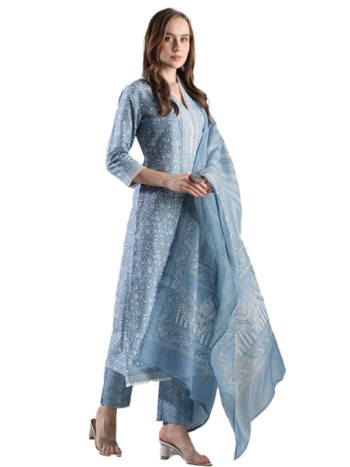 3 pcs Suit Regular Pure Cotton Kurta with Trousers and Dupatta