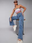 Women Wide Leg High-Rise Clean Look Stretchable Cargo Jeans