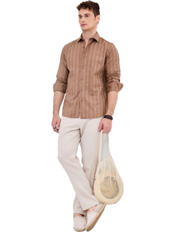 BROWN SELF-DESIGN SLIM FIT SHIRT
