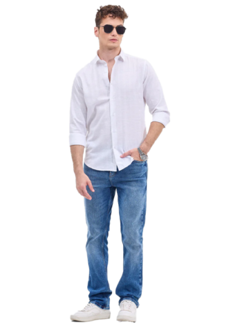 WHITE SELF-DESIGN SLIM FIT SHIRT