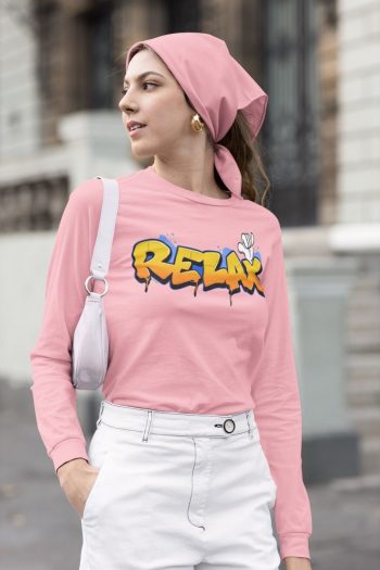 Full Sleeve pink relax graphics T Shirt for Ladies