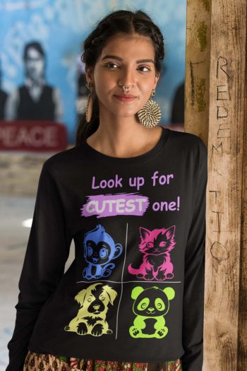 Full Sleeve black Cute graphics T Shirt for Ladies